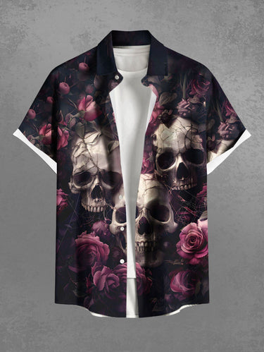 Gothic Plus Size Skull Rose Flower Print Button Pocket Shirt For Men