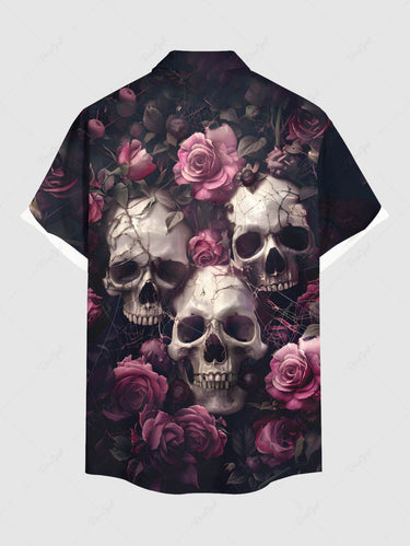 Gothic Plus Size Skull Rose Flower Print Button Pocket Shirt For Men