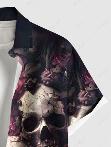 Gothic Plus Size Skull Rose Flower Print Button Pocket Shirt For Men