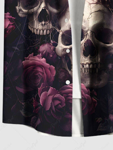 Gothic Plus Size Skull Rose Flower Print Button Pocket Shirt For Men