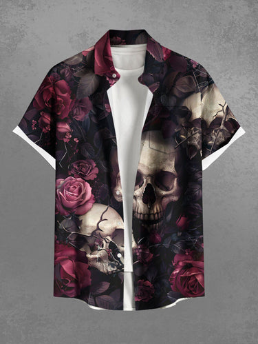 Gothic Plus Size Skull Rose Flower Print Button Pocket Shirt For Men