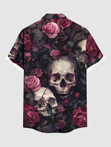 Gothic Plus Size Skull Rose Flower Print Button Pocket Shirt For Men