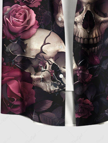 Gothic Plus Size Skull Rose Flower Print Button Pocket Shirt For Men