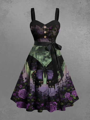 Gothic Plus Size Butterfly Rose Flower Moon Paint Drop Print Button A Line Dress with Removable Belt