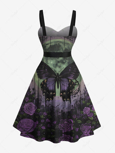 Gothic Plus Size Butterfly Rose Flower Moon Paint Drop Print Button A Line Dress with Removable Belt