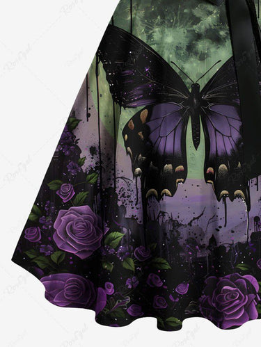 Gothic Plus Size Butterfly Rose Flower Moon Paint Drop Print Button A Line Dress with Removable Belt