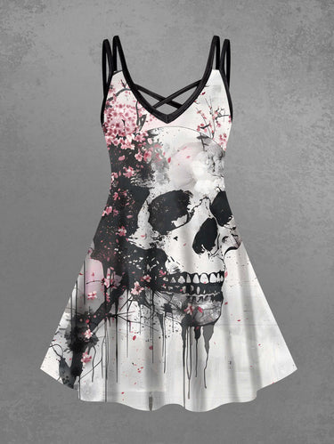 Gothic Plus Size Skull Peach Blossom Flower Ink Painting Print Crisscross Strappy A Line Cami Dress