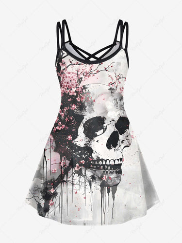 Gothic Plus Size Skull Peach Blossom Flower Ink Painting Print Crisscross Strappy A Line Cami Dress