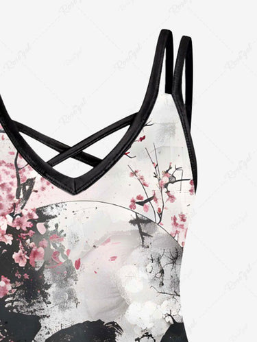 Gothic Plus Size Skull Peach Blossom Flower Ink Painting Print Crisscross Strappy A Line Cami Dress