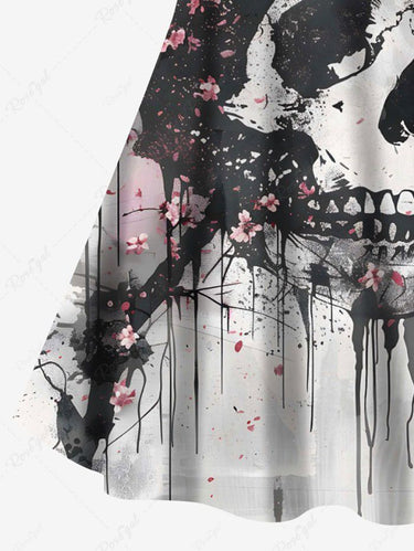 Gothic Plus Size Skull Peach Blossom Flower Ink Painting Print Crisscross Strappy A Line Cami Dress