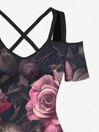 Gothic Plus Size Skull Rose Flower Print Cold Shoulder Crisscross A Line Maxi Dress