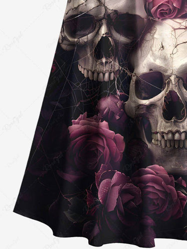 Gothic Plus Size Skull Rose Flower Print Cold Shoulder Crisscross A Line Maxi Dress