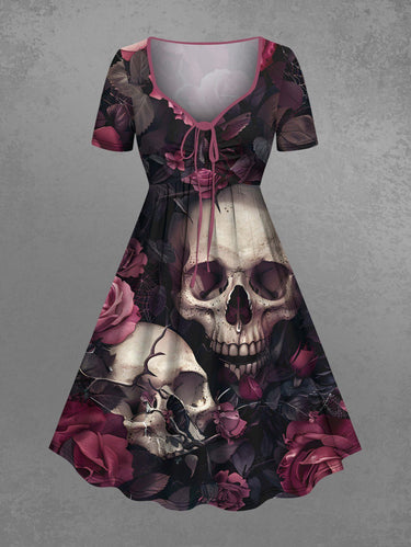 Gothic Plus Size Skull Rose Flower Print Cinched A Line Dress
