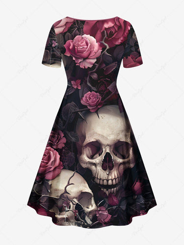 Gothic Plus Size Skull Rose Flower Print Cinched A Line Dress