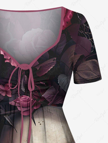 Gothic Plus Size Skull Rose Flower Print Cinched A Line Dress