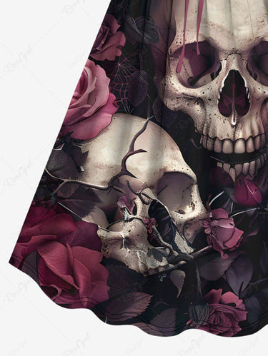 Gothic Plus Size Skull Rose Flower Print Cinched A Line Dress