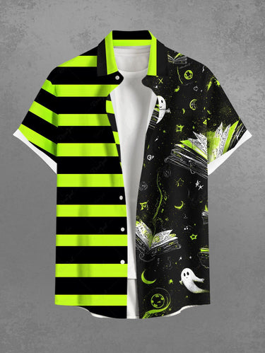 Gothic Plus Size Striped Ghost Moon Book Print Halloween Button Pocket Shirt For Men