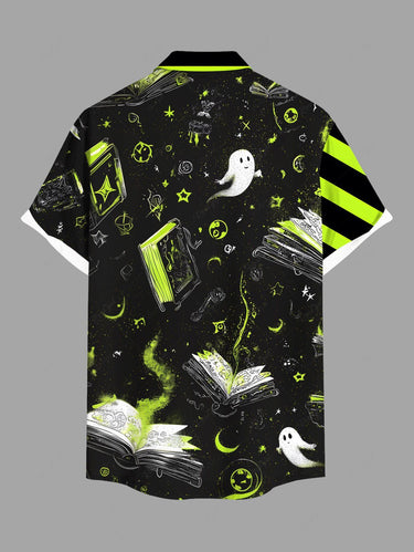 Gothic Plus Size Striped Ghost Moon Book Print Halloween Button Pocket Shirt For Men