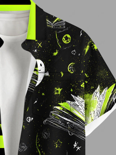 Gothic Plus Size Striped Ghost Moon Book Print Halloween Button Pocket Shirt For Men