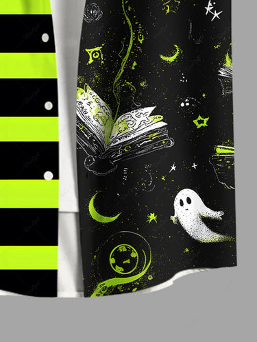 Gothic Plus Size Striped Ghost Moon Book Print Halloween Button Pocket Shirt For Men