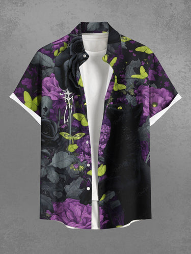 Gothic Plus Size Skull Rose Flower Butterfly Print Button Pocket Shirt For Men