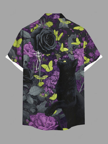 Gothic Plus Size Skull Rose Flower Butterfly Print Button Pocket Shirt For Men