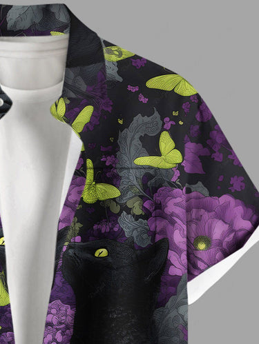 Gothic Plus Size Skull Rose Flower Butterfly Print Button Pocket Shirt For Men