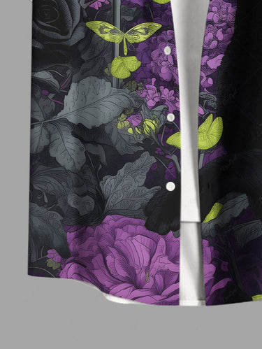 Gothic Plus Size Skull Rose Flower Butterfly Print Button Pocket Shirt For Men