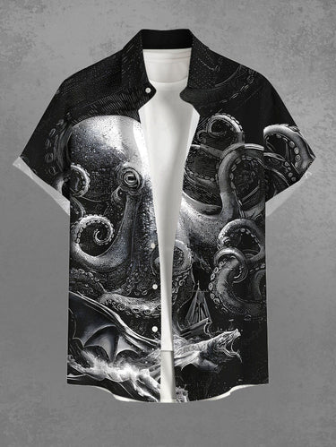 Gothic Plus Size Octopus Bat Print Button Pocket Shirt For Men