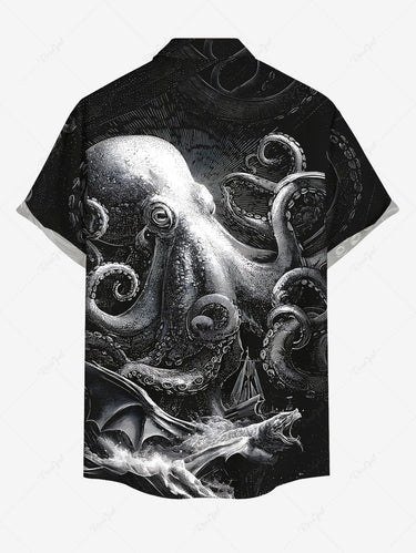 Gothic Plus Size Octopus Bat Print Button Pocket Shirt For Men