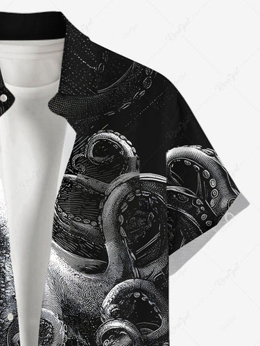 Gothic Plus Size Octopus Bat Print Button Pocket Shirt For Men
