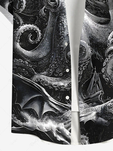 Gothic Plus Size Octopus Bat Print Button Pocket Shirt For Men
