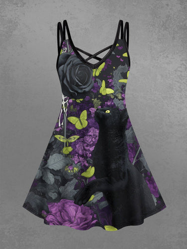Gothic Plus Size Skull Rose Flower Butterfly Print Crisscross Strappy A Line Cami Dress