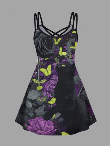 Gothic Plus Size Skull Rose Flower Butterfly Print Crisscross Strappy A Line Cami Dress