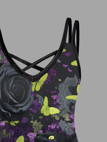 Gothic Plus Size Skull Rose Flower Butterfly Print Crisscross Strappy A Line Cami Dress