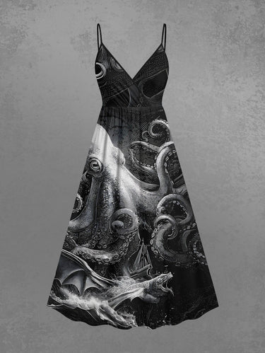 Gothic Plus Size Octopus Bat Print Surplice A Line Cami Dress