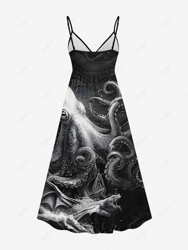 Gothic Plus Size Octopus Bat Print Surplice A Line Cami Dress