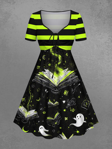 Gothic Plus Size Striped Ghost Moon Book Print Halloween Cinched A Line Dress