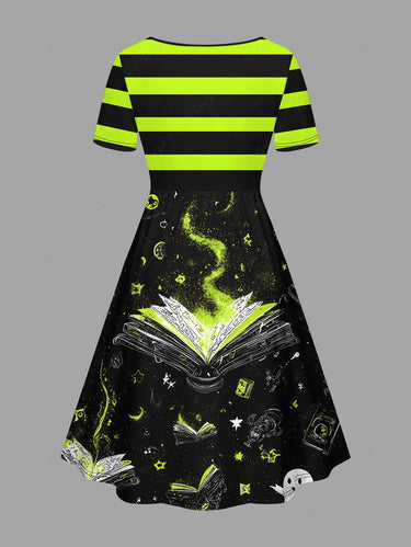 Gothic Plus Size Striped Ghost Moon Book Print Halloween Cinched A Line Dress