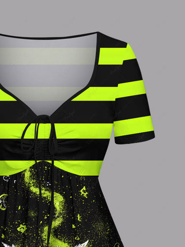 Gothic Plus Size Striped Ghost Moon Book Print Halloween Cinched A Line Dress