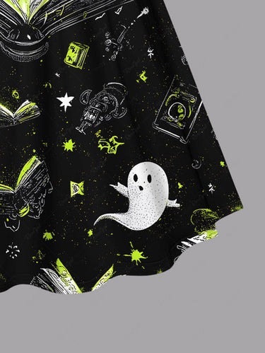 Gothic Plus Size Striped Ghost Moon Book Print Halloween Cinched A Line Dress