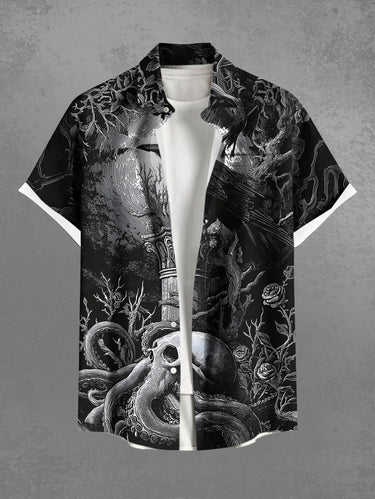 Gothic Plus Size Skull Octopus Tree Crow Print Button Pocket Shirt For Men