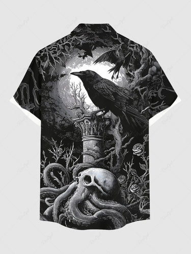 Gothic Plus Size Skull Octopus Tree Crow Print Button Pocket Shirt For Men
