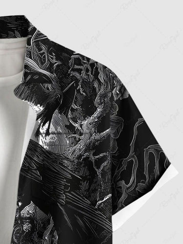 Gothic Plus Size Skull Octopus Tree Crow Print Button Pocket Shirt For Men