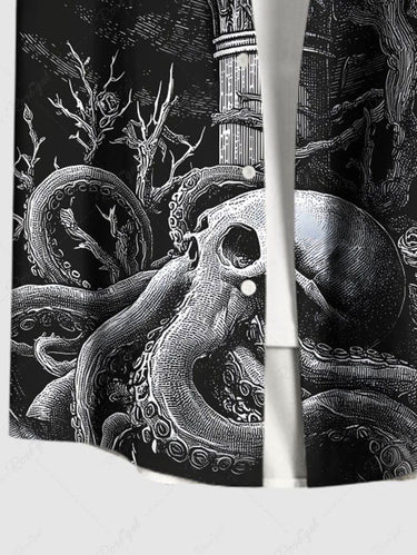 Gothic Plus Size Skull Octopus Tree Crow Print Button Pocket Shirt For Men