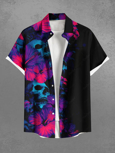 Gothic Plus Size Skull Hibiscus Flower Print Hawaii Button Pocket Shirt For Men