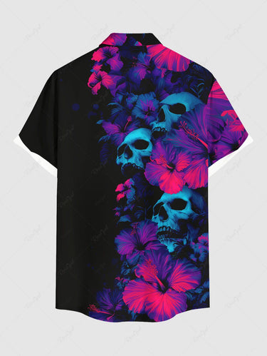 Gothic Plus Size Skull Hibiscus Flower Print Hawaii Button Pocket Shirt For Men
