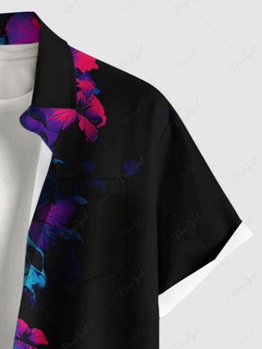 Gothic Plus Size Skull Hibiscus Flower Print Hawaii Button Pocket Shirt For Men