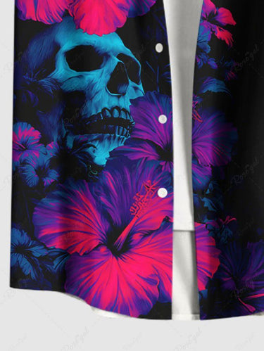 Gothic Plus Size Skull Hibiscus Flower Print Hawaii Button Pocket Shirt For Men