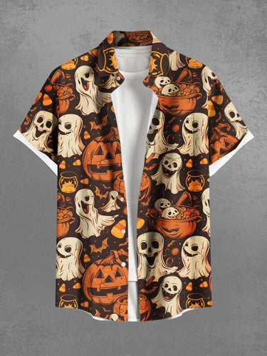 Gothic Plus Size Pumpkin Ghost Bat Print Halloween Button Pocket Shirt For Men